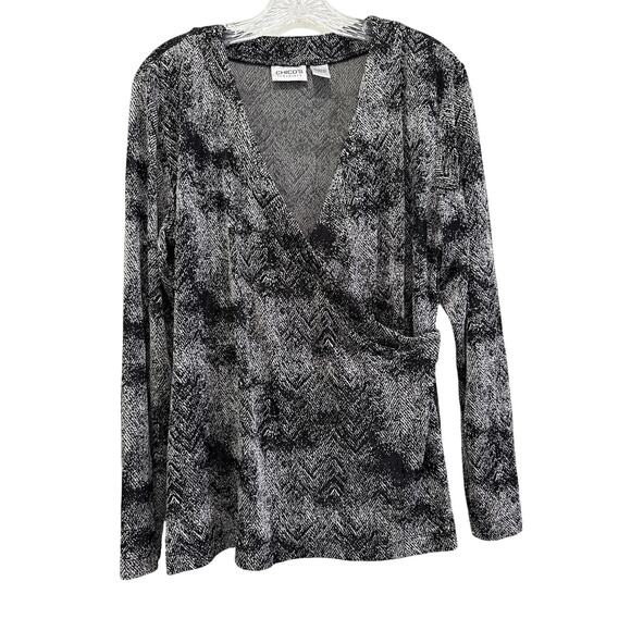 Vtg Chicos Travelers Black Slinky Liquid Knit Faux Wrap Top XL 3 Girl Boss USA - Picture 2 of 8